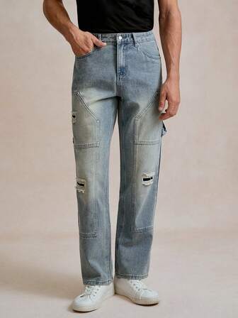 Manfinity CityGents 男士简约破洞口袋牛仔裤，休闲日常穿着