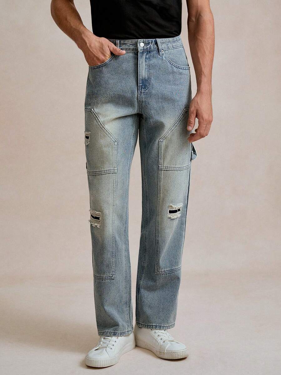 Manfinity CityGents Men's Simple Ripped Pocket Jeans, Casual Daily Wear Going Out Hang Out Commute Work Street - Light Wash - View 1