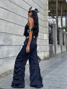 Coolane Women's Fall Streetwear Concert Rave Festival Going Out Renaissance Fair Clubs Pleated Navy Blue Straight Pants - Navy Blue - View 2