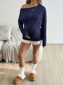 SHEIN 孕妇纯色褶皱不对称领口长袖套头衫 - 藍色 - 查看 6