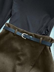 Franclia Conjunto de 2 peças de blusa feminina casual de meia gola alta, plissada, de malha elástica, com ajuste, manga comprida e saia-calça com cintura marcada, outono/inverno - Verde de Exercício - Ver 4