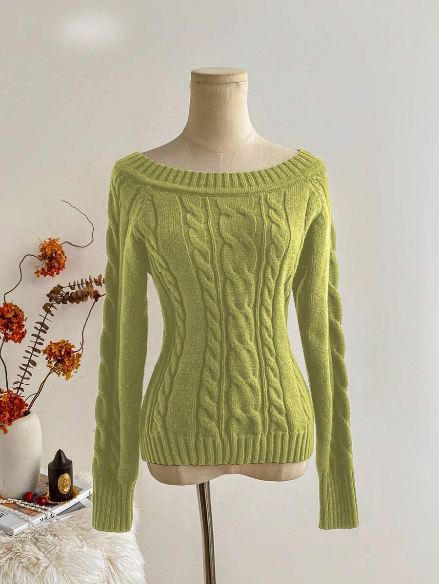 SHEIN LUNE Áo len chui đầu dài tay trễ vai dệt kim màu nâu tối giản sang trọng dành cho nữ, Thu/Đông - màu xanh lá - Xem 1