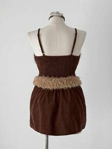Sunspun Conjunto de 2 piezas de top bandeau y minifalda de parchwork de felpa talla grande para mujer - Marrón - Ver 3