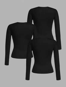 Tseoso 3件套黑色休闲长袖修身长T恤套装，适合秋冬季，95%纯棉 - 黑色 - 查看 3