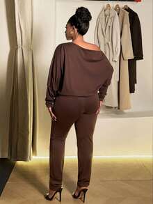 Maweii 大码复古别致不对称肩部两件套，百搭又时尚 - 棕色 - 查看 3