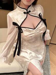 Vibekara 春夏秋季优雅新款甜美可爱设计提花拼接雪纺面料中袖长袖新款中国风改良旗袍长裙拼接蕾丝蝴蝶结侧开衩性感长裙