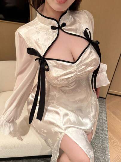 Vibekara 春夏秋季优雅新款甜美可爱设计提花拼接雪纺面料中袖长袖新款中国风改良旗袍长裙拼接蕾丝蝴蝶结侧开衩性感长裙