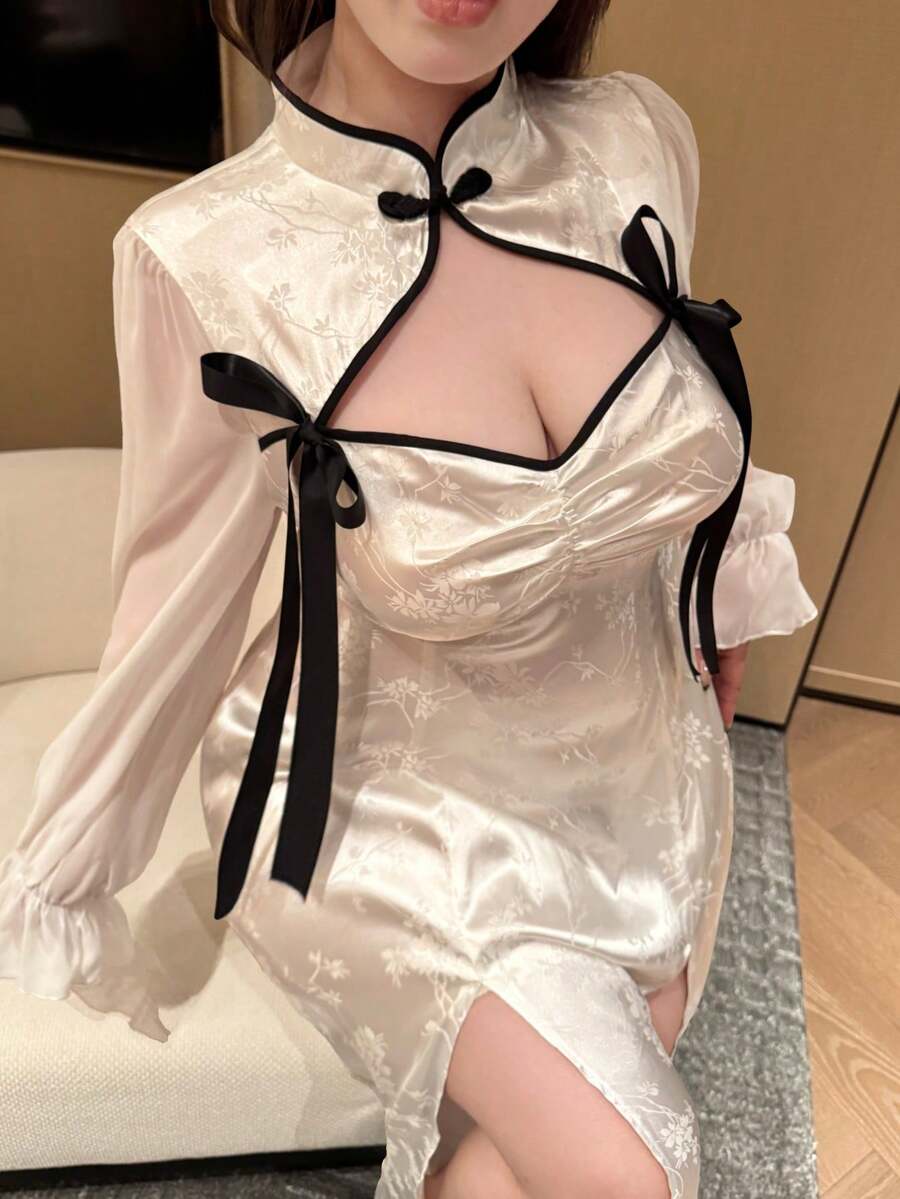 Vibekara 春夏秋季优雅新款甜美可爱设计提花拼接雪纺面料中袖长袖新款中国风改良旗袍长裙拼接蕾丝蝴蝶结侧开衩性感长裙