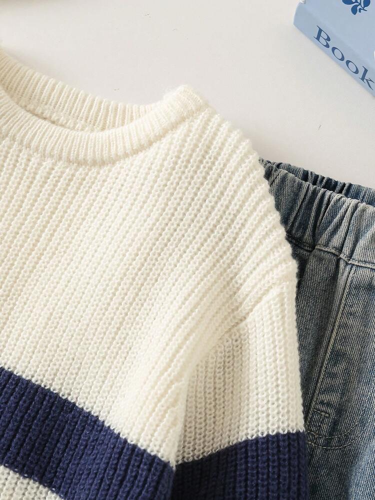 SHEIN Genkimix Kids 男童粗条纹拼色针织毛衣，长袖，秋冬 - 白色 - 查看 6