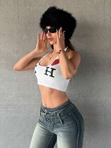 Jeanoix Women's Letter & Heart Print Cropped Slim Fit Halter Neck Sexy Camisole - White - View 4