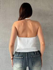 Flirla Top de punto con decoración de strass y cuello halter para mujer - Blanco - Ver 3