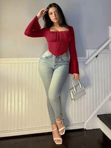 Firerie Elegant Date & Vacation Versatile Shiny Ruched Flare Sleeve T-Shirt - Burgundy - View 3