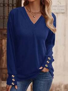 INAWLY Plus Size V-Neck Short Sleeve T-Shirt With Button Details Fall Cloth For Women - Blue - View 1