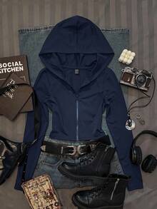 SHEIN EZwear Vintage Pattern Navy Blue Women's Solid Color Fitted Hoodie T-Shirt, Autumn