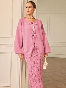 Aveloria Rosie 两件套可爱蝴蝶结腰部修身针织毛衣套装 - 粉色 - 查看 6