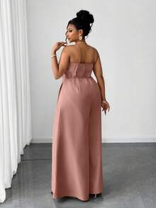 Maweii 大码女式优雅别致纯色金属纽扣褶皱宽松阔腿连体裤，夏季 - 藕粉色 - 查看 7