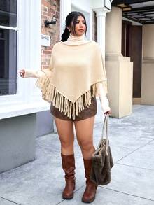 SHEIN EZwear 2025 Autumn/Winter New Casual Outgoing Daily Wear Party Date Holiday Multi-Occasion Versatile Fringe Loose Crew Neck Poncho Cardigan Khaki Warm Plus Size Sweater - Camel - View 5