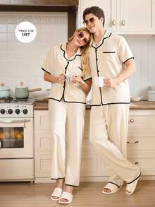 CoupledUp 杏色泡泡领开衫短袖男士睡衣套装 - 杏色 - 查看 7