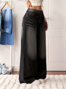 SHEIN Tall Women's Rhinestone Cross Pocket Wide Leg Loose Casual Jeans - Black - View 4