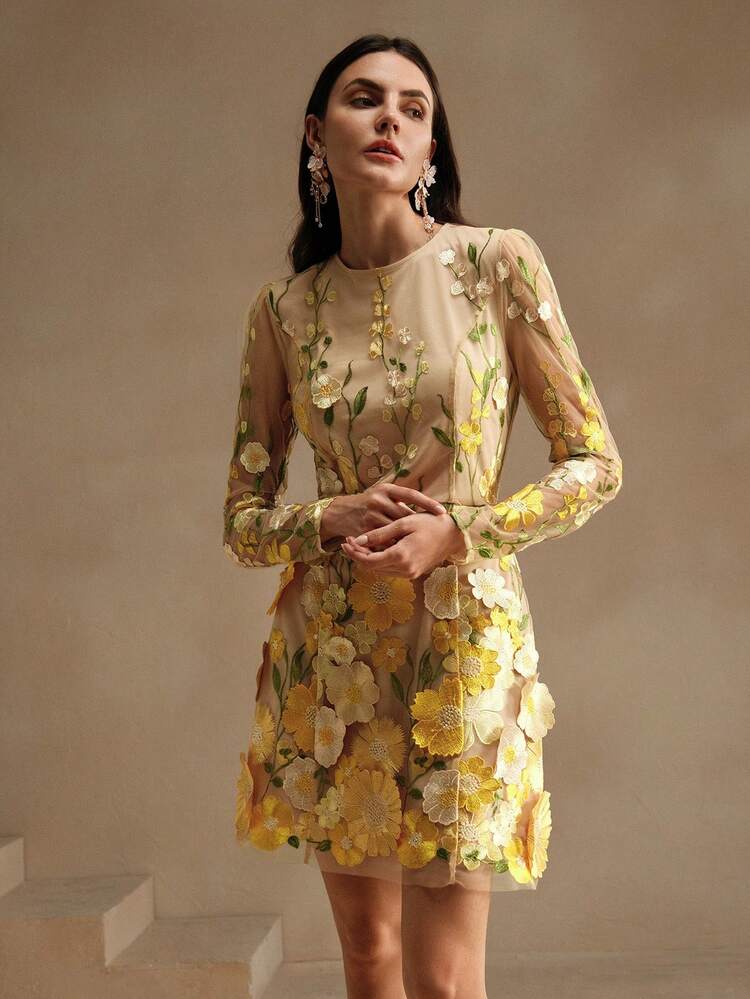 Women Floral Print Long Sleeve Short Dress