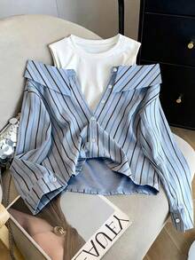 SHEIN 女款二合一条纹纯色长袖上衣 - 藍色 - 查看 5