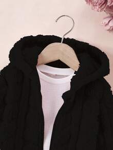 SHEIN Elladie kids 少女休闲毛绒夹克，粉色，前拉链，心形图案，秋冬连帽开衫 - 黑色 - 查看 3