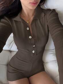 SHEIN Unity Women's Casual Solid Color Knit Romper - Brown - View 3