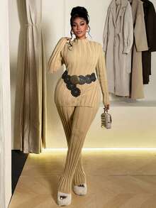 Maweii Plus Size Women Solid Stand Collar Long Sleeve Fitted Sweater With Side Slit Hem And Knitted Pants Elegant Set, Autumn/Winter