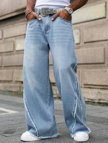 Manfinity EMRG Quần jeans ống rộng rách vá phong cách đường phố dành cho nam - Rửa nhẹ - Xem 4