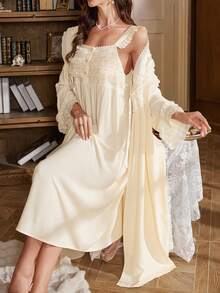 PalaceNights Vintage Retro Palace Style Embroidery & Lace Decor Women Sleepwear Pajama Set Holiday Season, Fall Winter Clothes