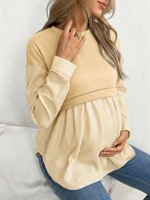 SHEIN Striped Patchwork Casual Maternity Sweatshirt - Apricot - View 5