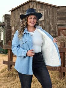 EMERY ROSE Chaqueta vaquera con capucha, de manga larga, con botones delanteros y forro térmico, de unicolor, para tallas grandes - Lavado ligero - Ver 8