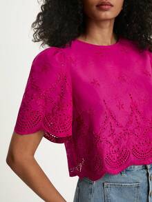 CAJUNI Women's Vacation Casual Water-Soluble Lace Hollow, Pink Shoulder Ruffle Cropped Top, Christmas - Hot Pink - View 8
