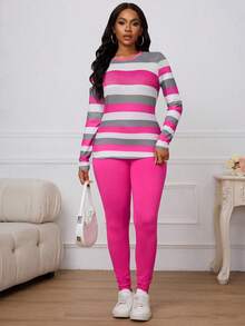 BamGleam Bộ đồ hai mảnh áo thun kẻ sọc cổ tròn dài tay thường ngày dành cho nữ và quần legging, mùa thu - Nhiều màu - Xem 2