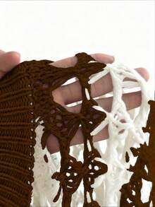 Sweetra 大码女式黑白休闲钩针图案 Y2K 深色风格镂空针织套头衫，适合春夏秋装、度假、返校 - 駝色 - 查看 5