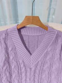 Franclia 新款宽松、柔软、甜美粉色超大设计V领粗麻针织套头衫，适合秋冬穿着 - 紫丁香色 - 查看 7