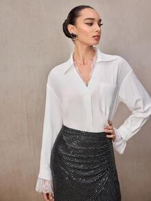 Modelyn Blusa casual suelta con contraste de encaje elegante y sencillo, adecuada para el trabajo y el transporte - Blanco - Ver 3