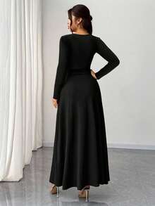 Rafferiza 女式黑色优雅纯色 V 领高弹力修身长袖派对礼服，百搭时尚设计，开衩秋季布料，适合女士约会/派对/夜总会/街头/万圣节/情人节/生日礼服婚礼宾客礼服优雅礼服乡村音乐会服装 - 彩色 - 查看 2