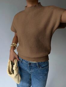 Aloruh Women's Solid Color Stand Collar Short Sleeve Casual Loose Knit Sweater - Brown - View 4