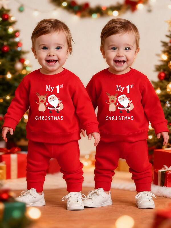 SHEIN Playful Pals Feliz Natal Bebê Menino Moda Bonito Desenho Animado Rena Papai Noel Carta Gráfica Estampa Roupa Confortável, Conjunto de Moletom com Gola Redonda e Calça de Moletom, Adequado para Festa de Natal e Passeios