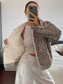 DAZY 豹纹印花保暖宽松外套，翻领长袖休闲街头风女式外套，秋冬保暖女式大衣 - 卡其色 - 查看 5