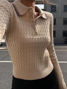 DAZY 女士休闲撞色领毛衣，秋季 - 杏色 - 查看 3