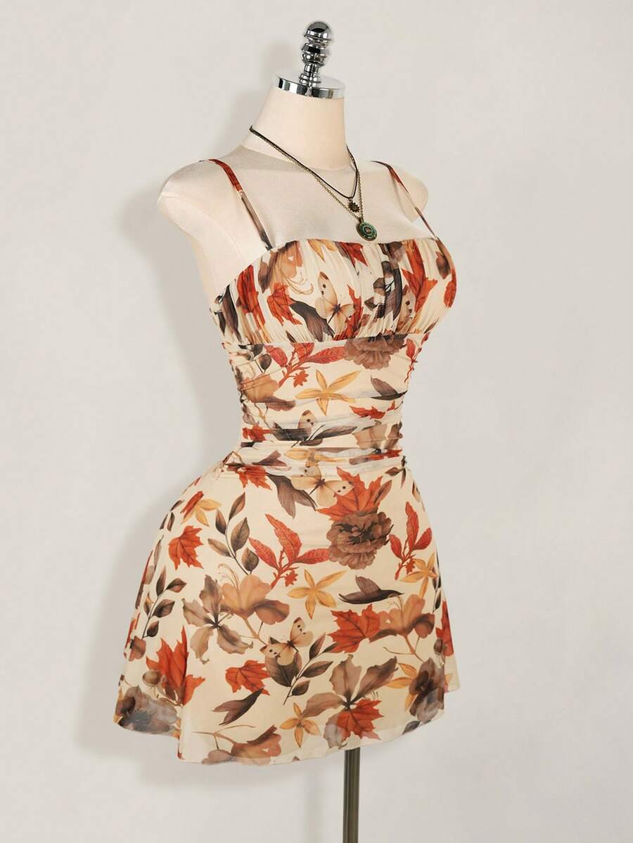 SHEIN ICON 女式复古枫叶印花褶皱迷你连衣裙，适合暑假、返校季 - 彩色 - 查看 1