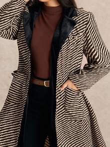Nubod Plus Size Women Striped Lapel NeckLong Sleeve Metal Button Design Elegant Long Fashionable Jacket, Autumn/Winter