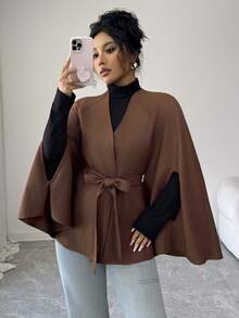 Elenzga Women's Autumn/Winter Casual, Date, Party, Cocktail, Wedding Elegant French Style Loose Woven Twill Brushed Shawl Collar Belted Long Sleeve Regular Jacket, Brown - Brown - View 1