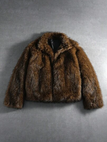 PAVTROS Manfinity Streetrush Men's Street-Style Popular INS Matching Men's Solid Color Turndown Collar Long Sleeve Fuzzy Jacket, Autumn/Winter,Fur,Streetwear,Winter Jacket,Warm Winter, Christmas Vintage Jacket Brown Jacket Fur Jacket