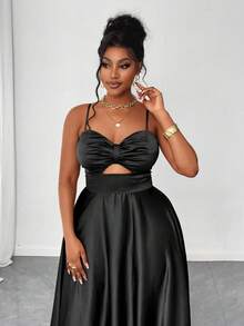 Maweii Plus Size Elegant Solid Color Maxi Slip Dress, Summer - Black - View 2