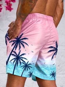 Surfspeed Shorts de playa de verano con cordón y estampado de plantas tropicales para hombre, hawaiano - Rosa - Ver 2