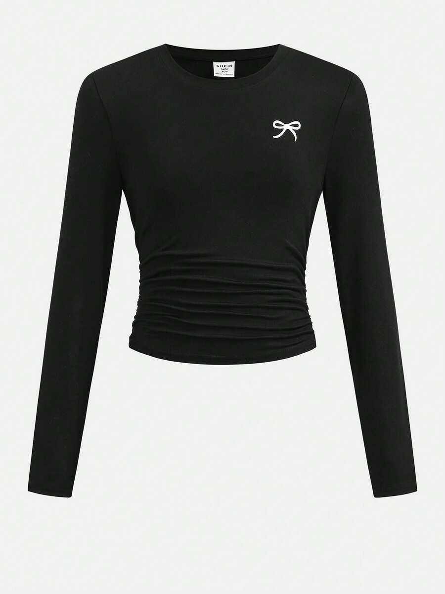 SHEIN Girlism Tween Girls' Black Round Neck Butterfly Print Ruched Waist Long Sleeve Casual T-Shirt, Minimalist Design - Black - View 1