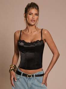 SHEIN BAE Corset cu bretele detașabile din dantelă satinată neagră pentru femei, toamnă și iarnă, corset negru, costum de Halloween, Crăciun, Anul Nou, petrecere, corset sexy, costum sexy pentru femei, club sexy pentru femei, ieșire în oraș